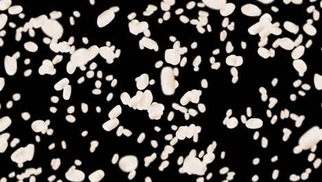 volando mucho arroz en fondo negro. granos de arroz blanco. arroz glutinoso. vegetariano. comida saludable. animación de bucle 3d de arroz girando.