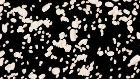 flying many rice on black background. white rice grains. glutinous rice. vegetarian. healthy food. 3d loop animation of rice rotating.