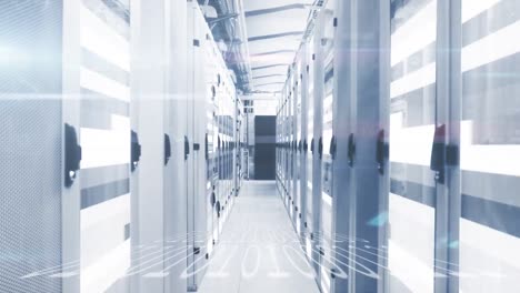 animation of white trails and binary coding over server room