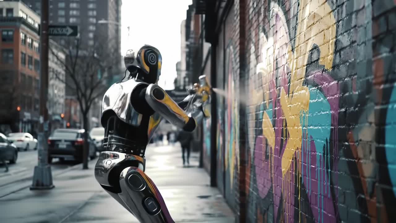 A Futuristic Robot Artist Spray-Paints a Vibrant Mural on a City Wall, Merging Technology and Urban Creativity in an Enchanting Street Art Scene