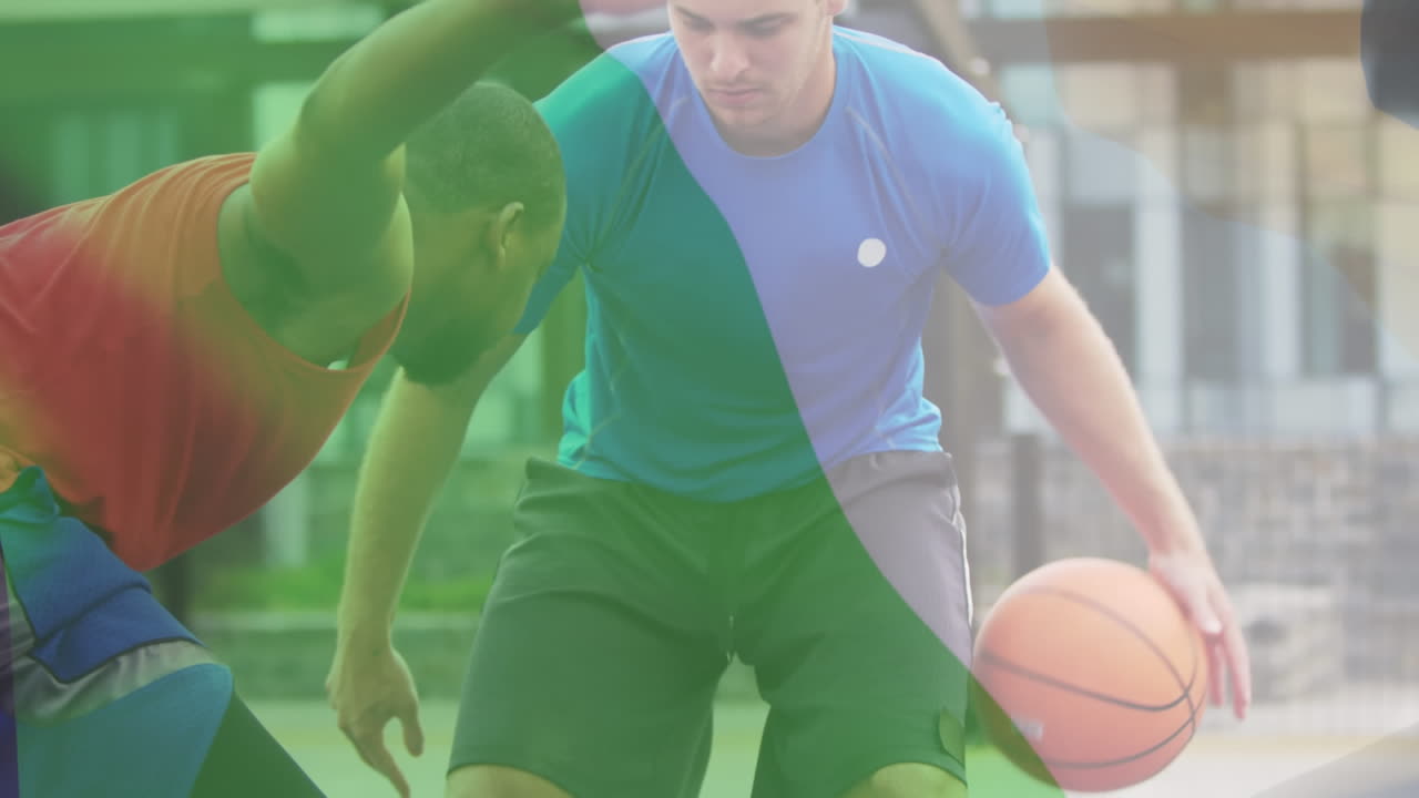 다양한 남성 농구 선수가 농구를 하는 나이지리아  ⁇ 발의 애니메이션