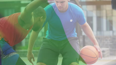 animación de la bandera de nigeria sobre un jugador de baloncesto masculino diverso jugando baloncesto
