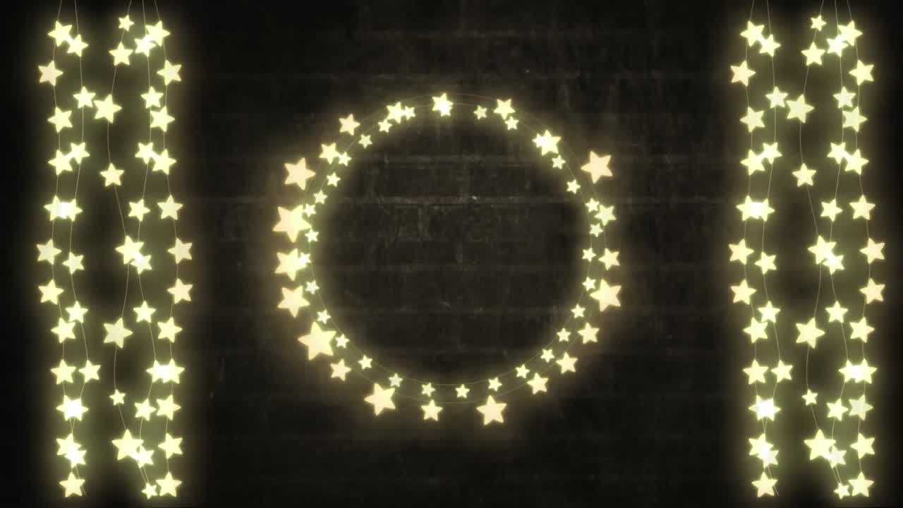 벽돌 벽 배경에 빛나는 원과 요정 불빛의 줄