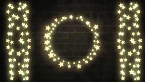 glowing circle and strings of fairy lights on brick wall background