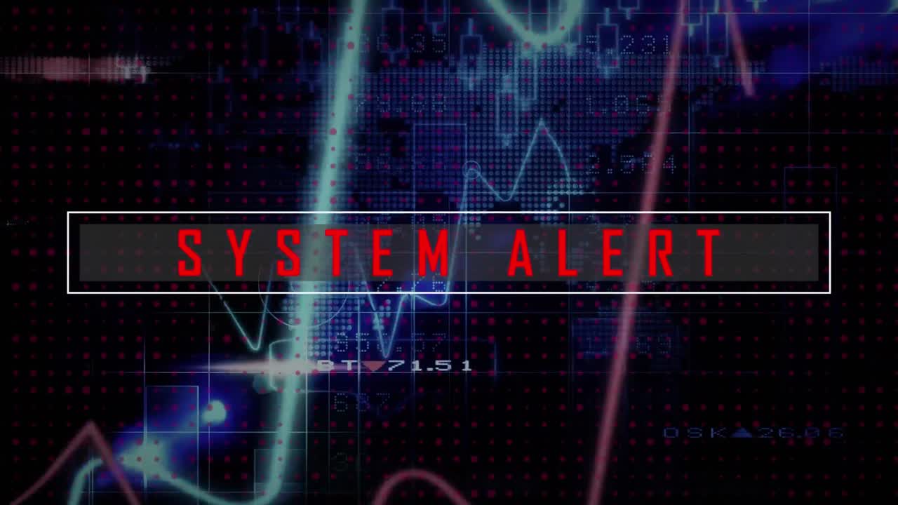 Animation of data processing and system alert text on black background