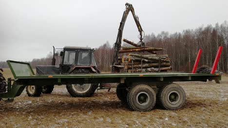 log loader loading logs into flatbed truck in forest on winter day with snow falling - wide shot