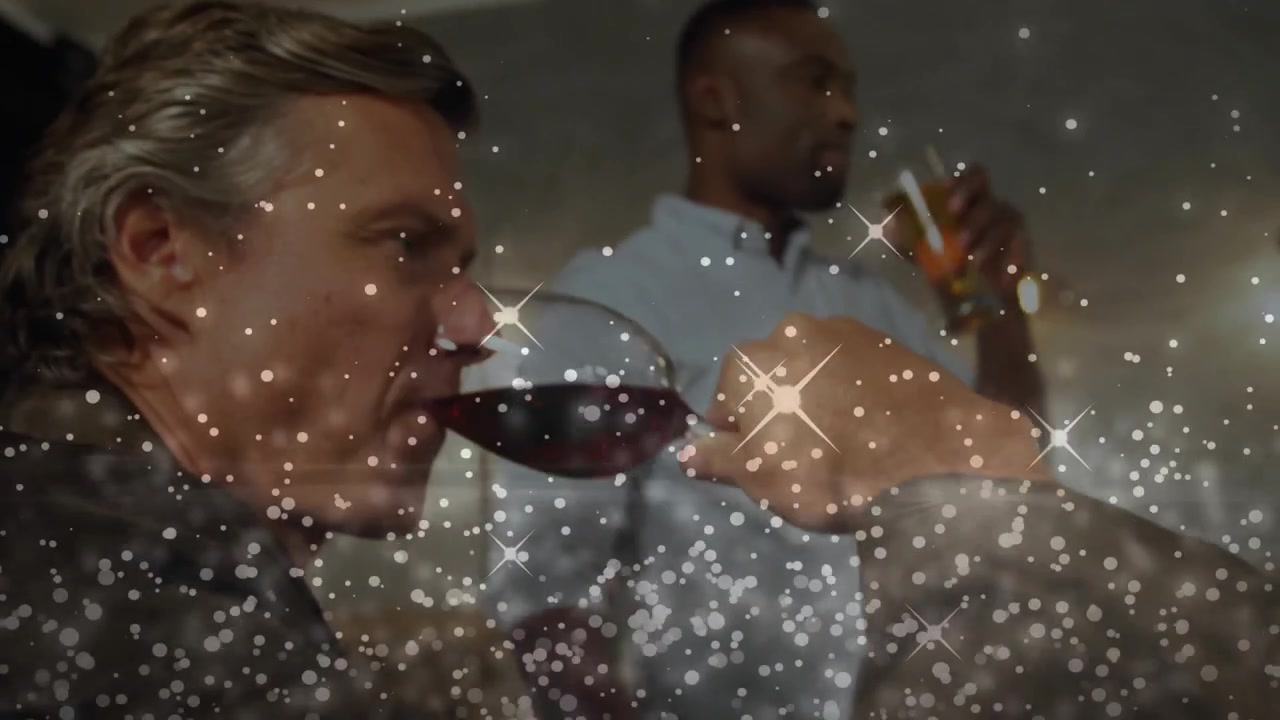 Värden inleder en skål, gruppen firar middag, skålar, smuttar på vin, gnistor fyller bilden.