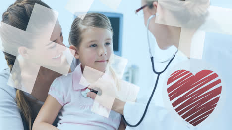 Animation-of-hearts-and-crosses-over-caucasian-boy-with-mother-and-female-doctor