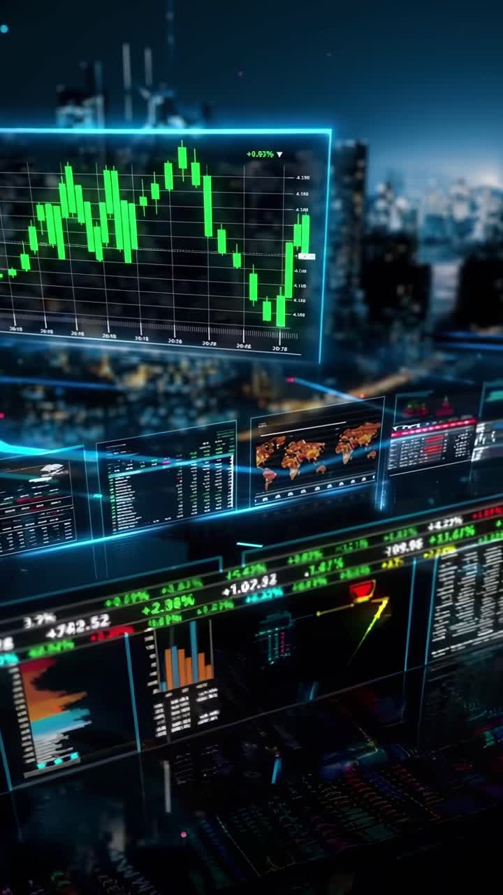 Concept video futuristico con visuale dal basso di grafici e schermi digitali del mercato azionario