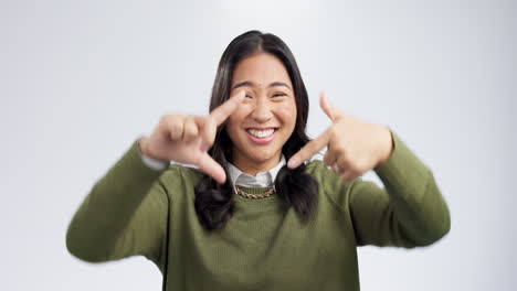 frame, hands and face of asian woman on a white