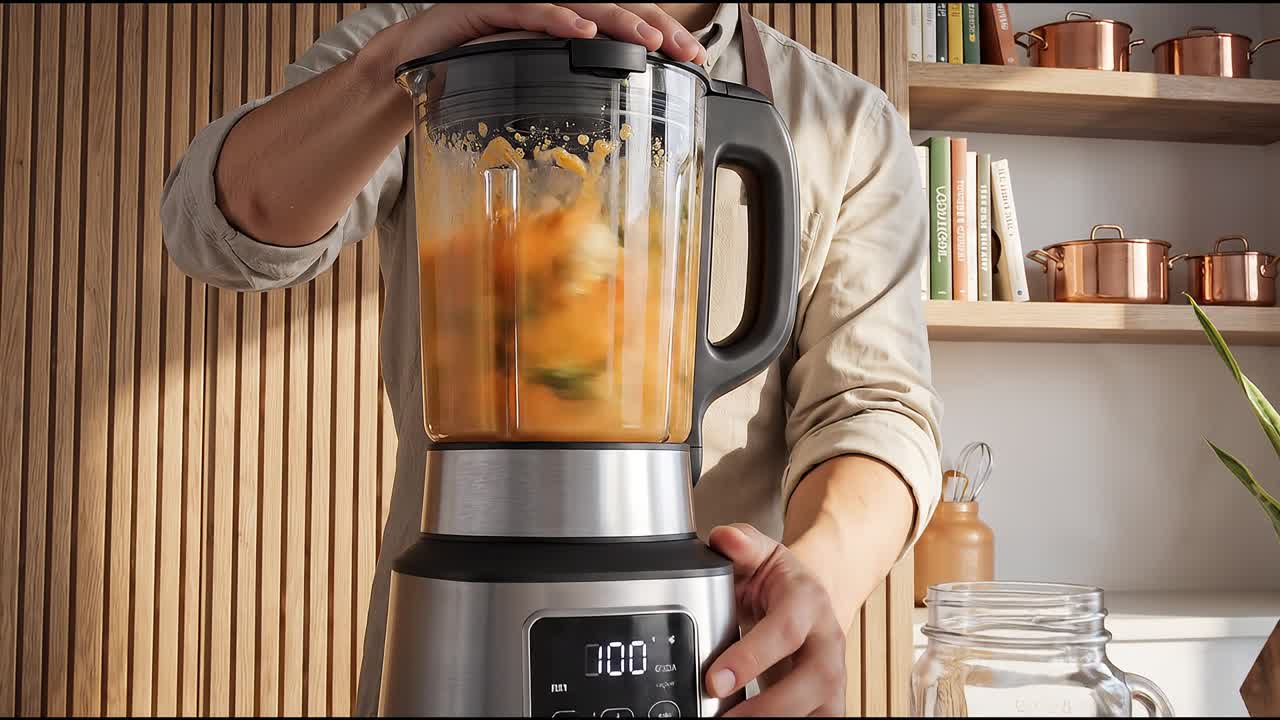 Man Blending Fresh Vegetables for a Healthy Soup in Kitchen