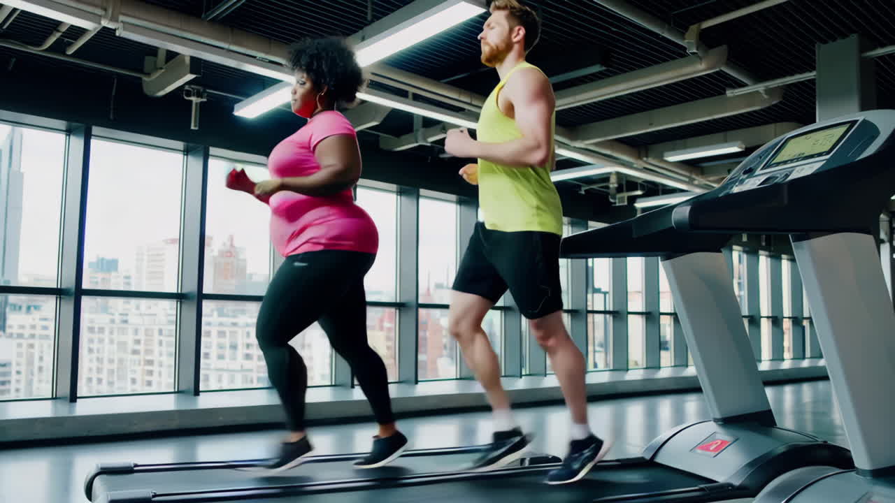 Coppia che si allena sui tapis roulant in palestra