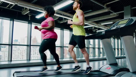 een echtpaar werkt op loopband in een sportschool.