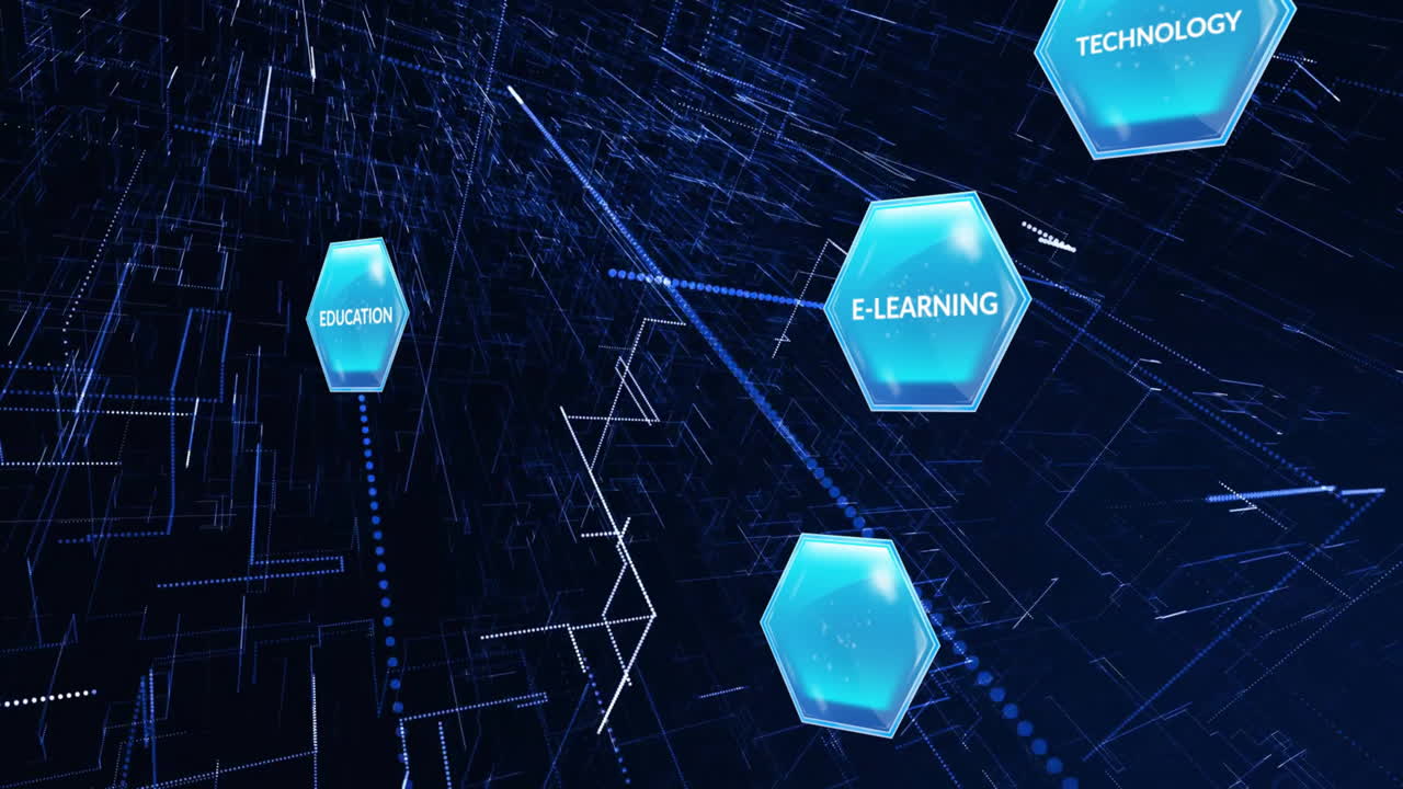 Animation of digital icons and data processing over dark background