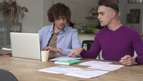 young gay couple managing finances, reviewing their bank accounts using laptop computer at home. friends doing paperwork together, paying taxes online