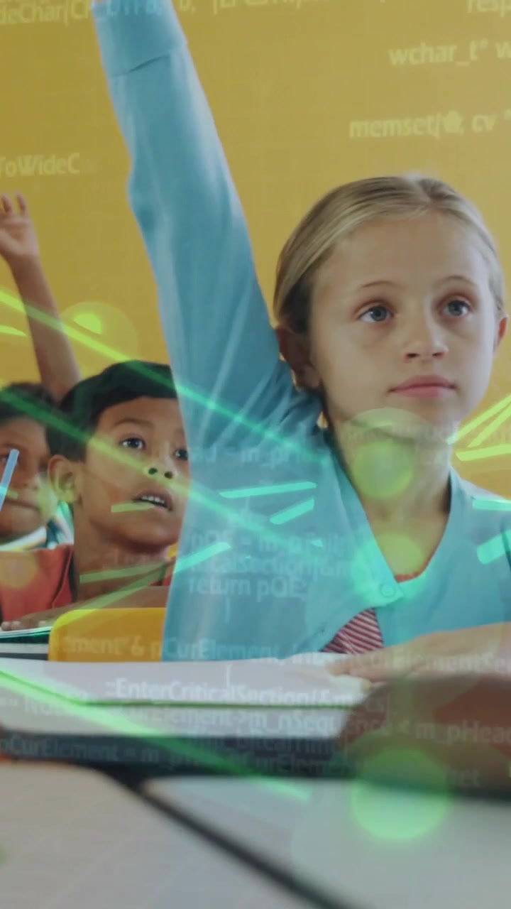 Vertical video: Girl raising arm after teacher prompt in education, green nodes highlighting hands