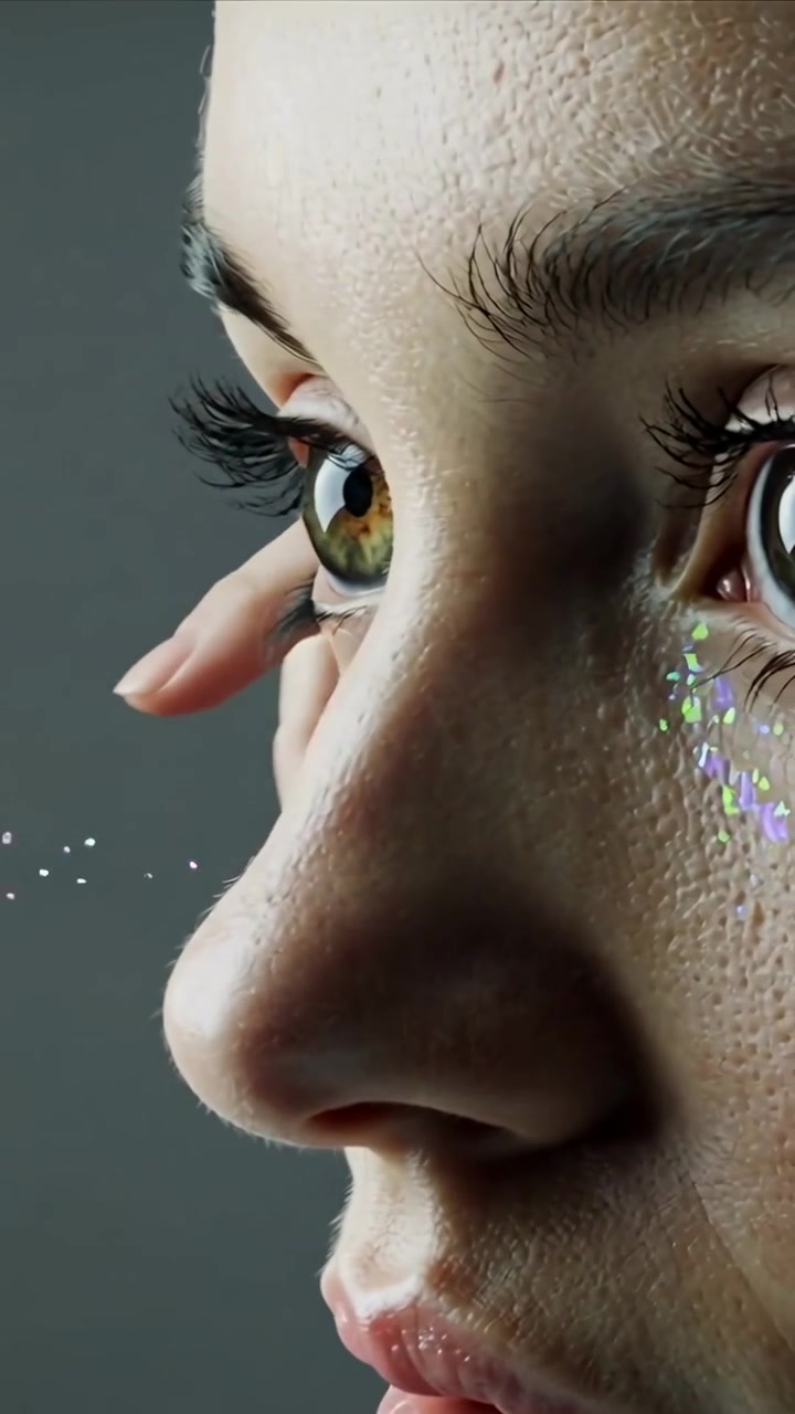 Vertical video: Gliding woman hand brushing lashes in studio, fixing glitter as particles fall