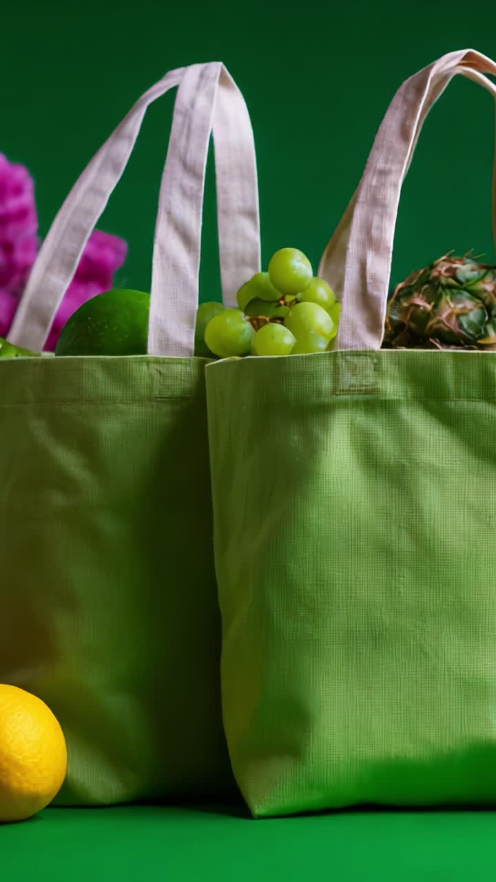 Leuchtend grüne, umweltfreundliche Taschen, gefüllt mit frischem Obst und Gemüse vor einem hellgrünen Hintergrund, die gesunde Entscheidungen und Nachhaltigkeit zeigen