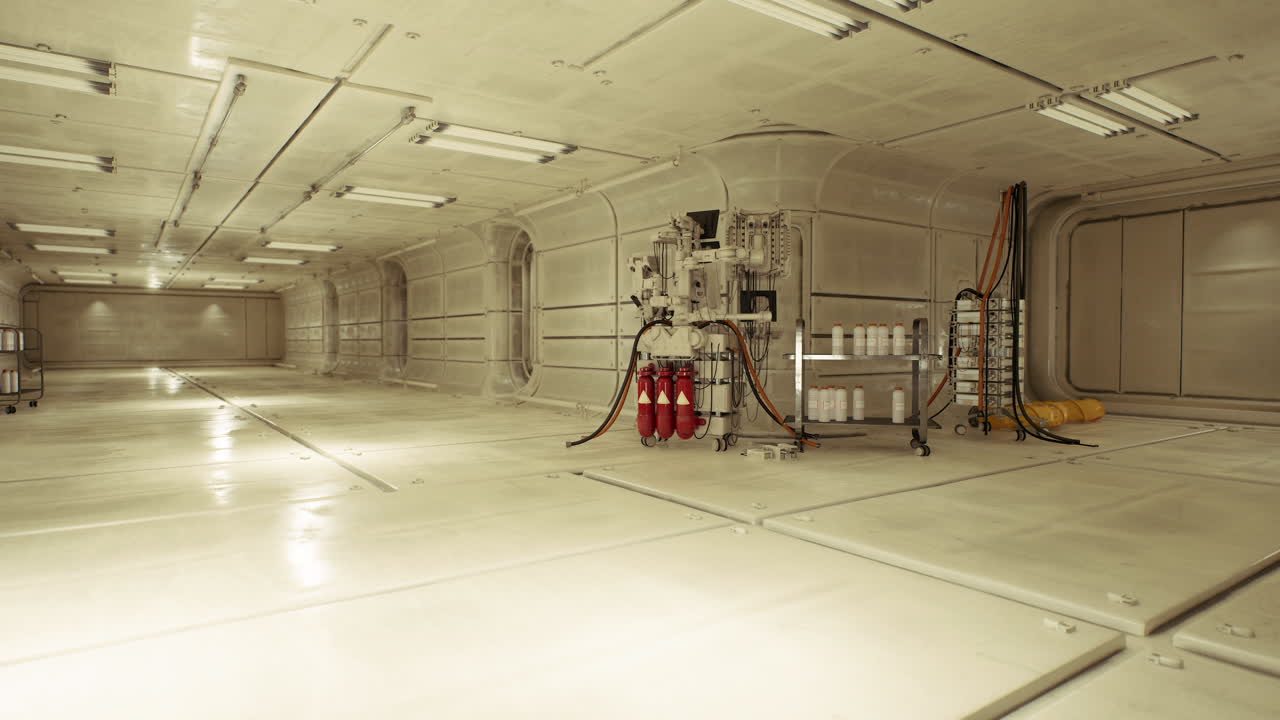 Workspace featuring exposed conduits and repair access panels