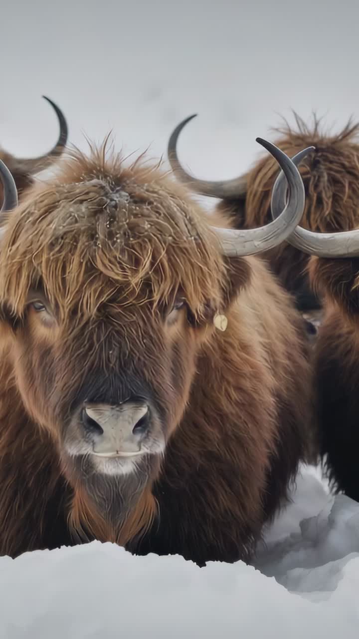 Video verticale: yak principale che sbatte le palpebre muovendosi in un campo innevato mentre nevica, corna curve e cartellino all'orecchio