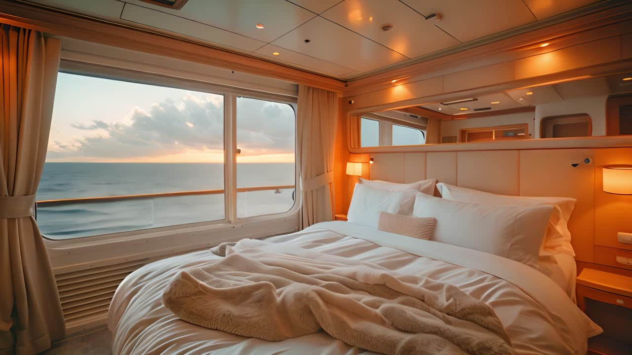 Luxurious Cruise Ship Cabin with Ocean View at Sunset
