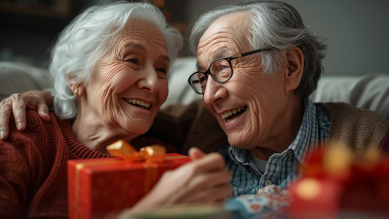 Receiving red gift box, senior couple exchanging smiles, untying orange ribbon in living room