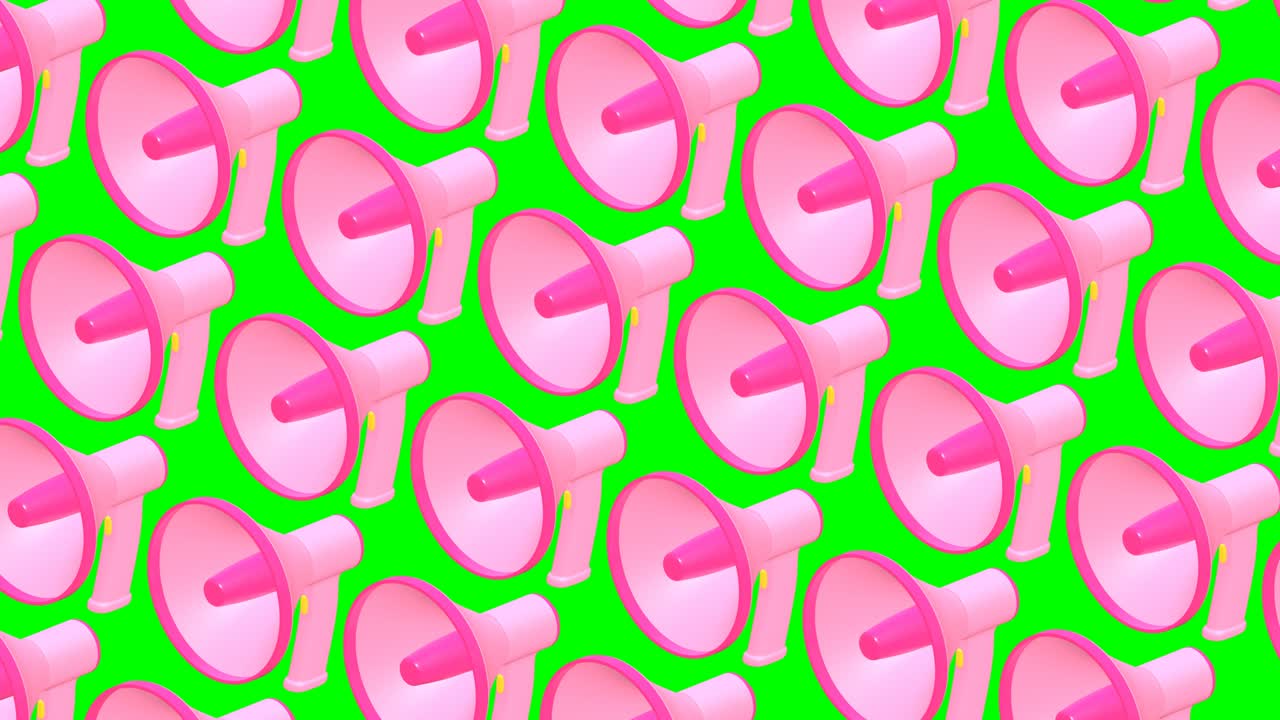 Many megaphones on green chroma key. Loop able 3d animation for background.