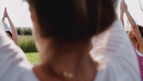 maestra liderando un grupo de hombres y mujeres maduros en clase en un retiro de yoga al aire libre