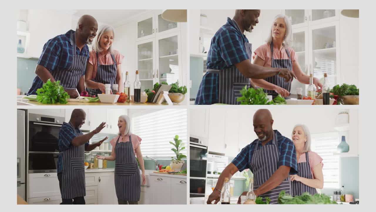 Animation of four frames with happy senior diverse couple at home cooking on grey background