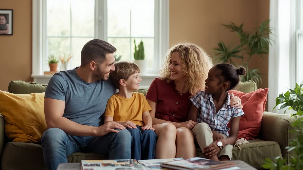 Smiling father making mother laugh while daughter hugging and son giggling on sofa at home