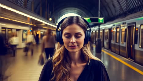 woman meditating or listening to music with headphones in a subway station