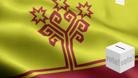 las papeletas vuelan a la caja para la selección de chuvashia - caja de votación frente a la bandera - elección - voto - bandera de chivashia - bandera de chuvashia de alto detalle - bandera nacional patrón de onda de chuvshia elementos loopables - textura de tela y bucle sin fin - bandera vertical