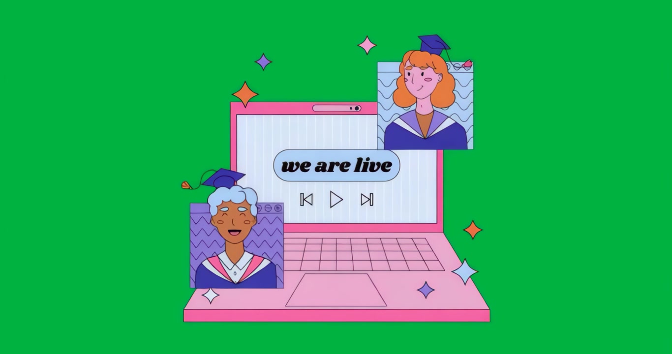 Rosa Laptop erscheint mit Live-Nachricht und Bedienelementen, zeigt Absolventen-Avatare bei einer virtuellen Abschlussfeier.