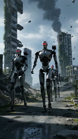 robots marching through a post-apocalyptic ruined city