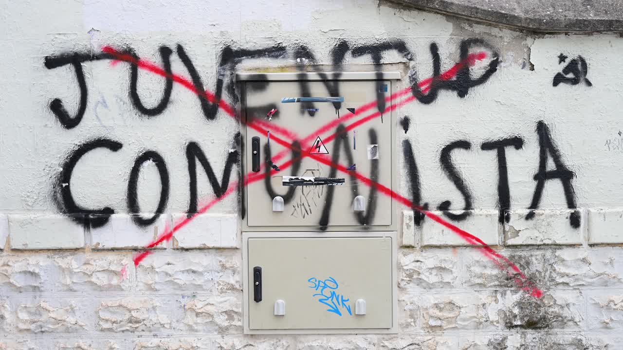 Urban street art, Spain: Spanish graffiti reading 'Juventud Comunista' (Communist Youth) is conspicuously crossed out in red paint, a visible political statement or defacement.