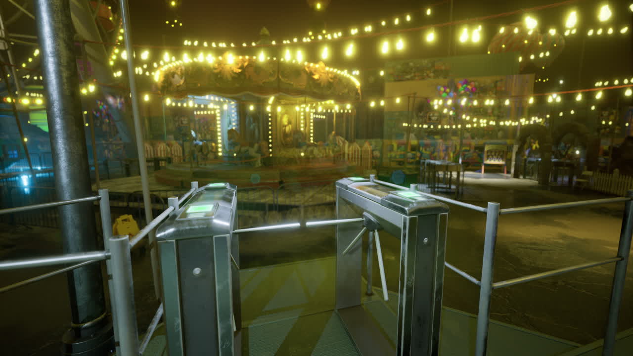 Nighttime at the amusement park with bright lights and a carousel