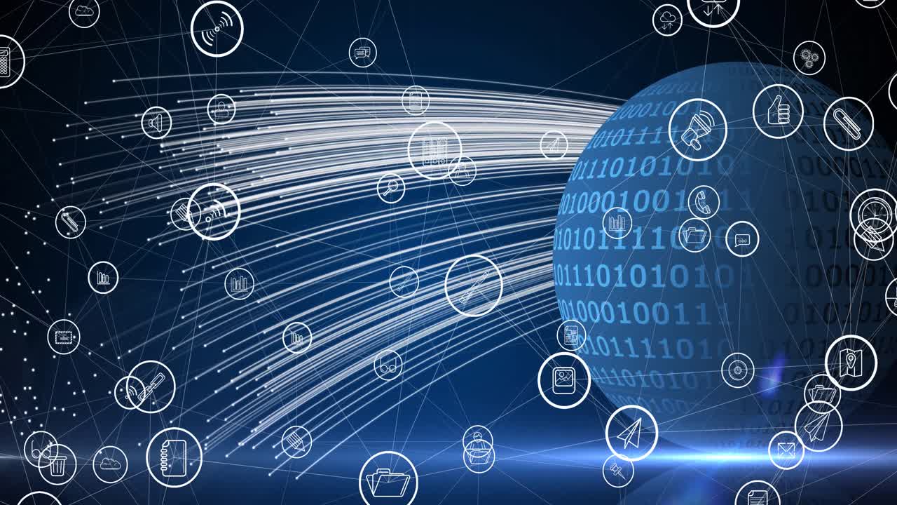 Animation of network of connections with digital icons over globe in background