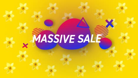 Animation-of-massive-sale-text-over-shapes-and-flowers-in-background