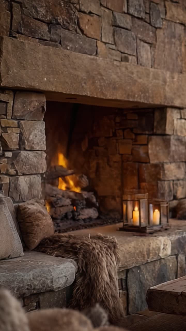 Un accogliente camino in pietra con fiamme calde e candele, che crea un'atmosfera invitante per il relax e il comfort in uno spazio abitativo rustico