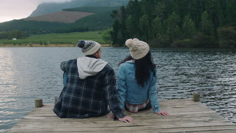 Feliz-Pareja-Sentada-En-El-Embarcadero-Mirando-El-Hermoso-Lago-En-Un-Día-Nublado-De-Invierno