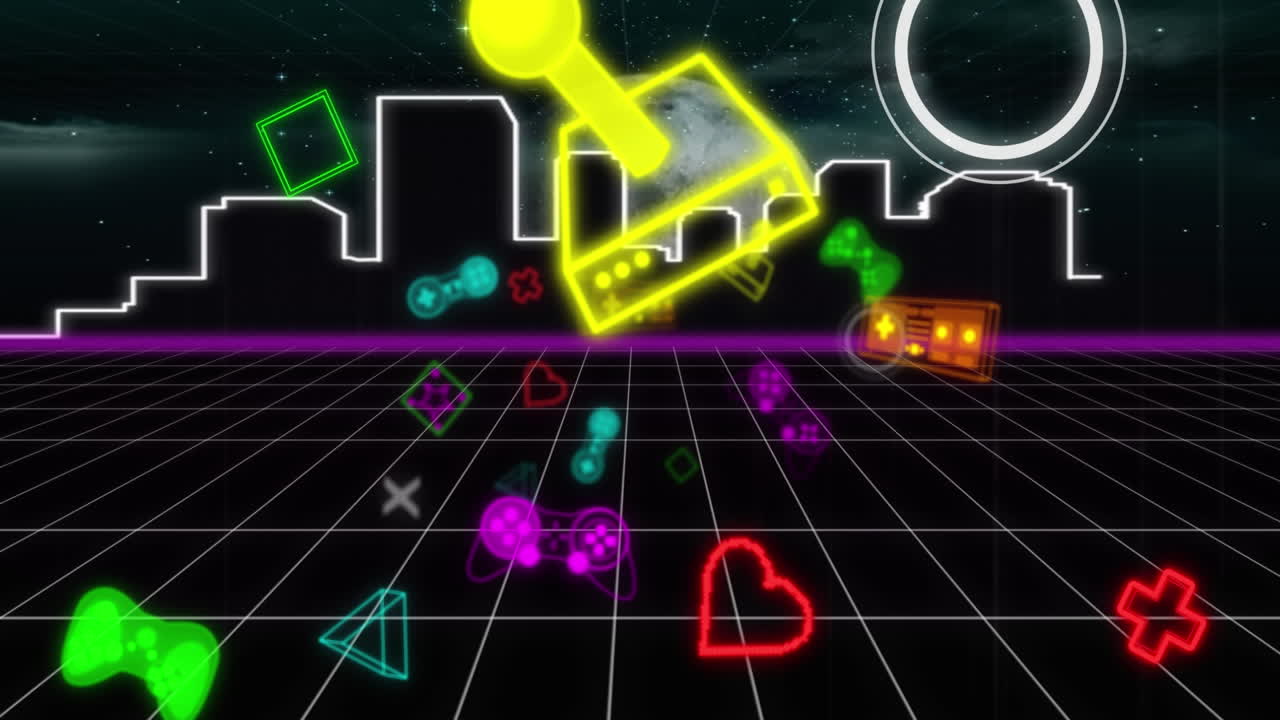 네온 비디오 게임 디지털 인터페이스가 그리드 위에서  ⁇ 박이는 애니메이션