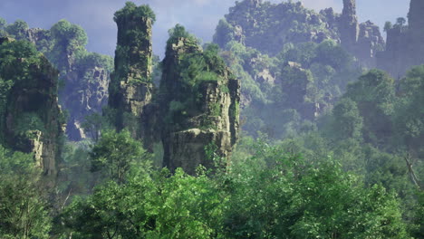 majestic rock formations surrounded by lush greenery in a tranquil landscape