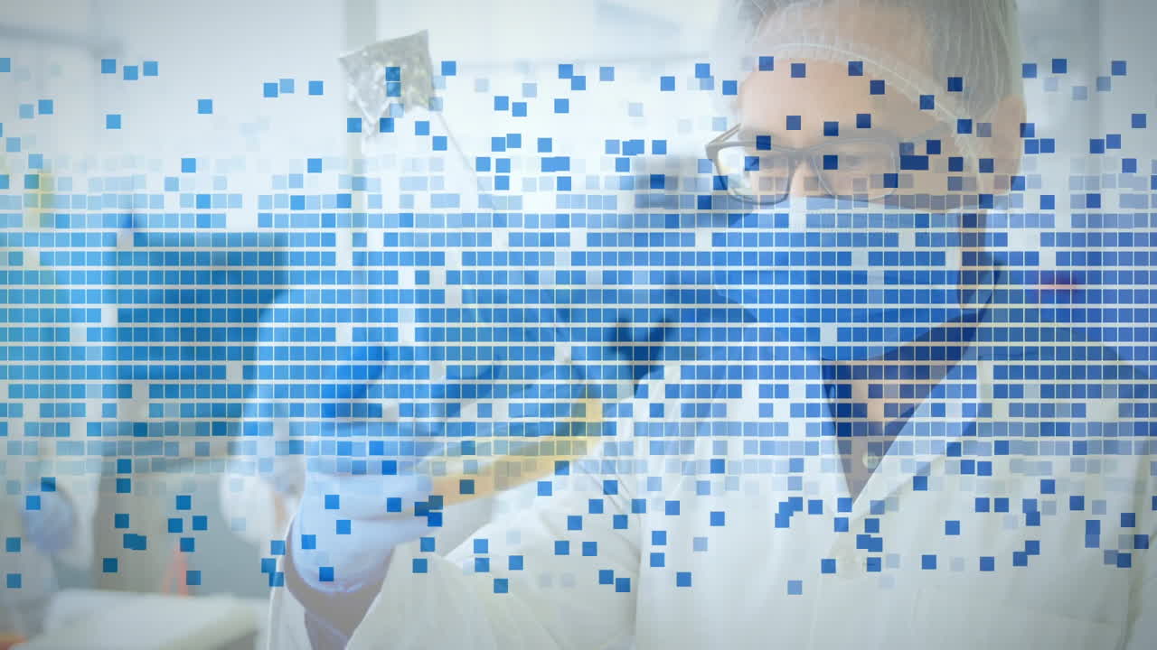 Working with animation, scientist in lab coat analyzing digital data in laboratory