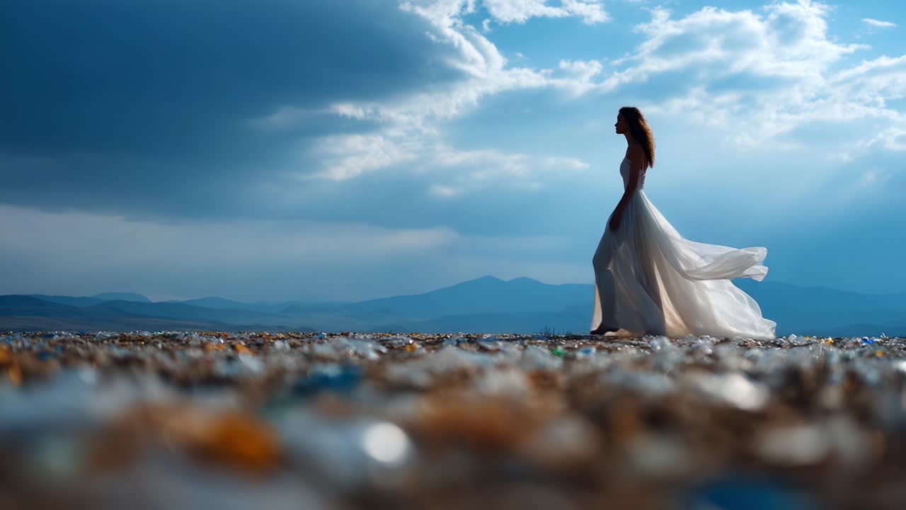 A lone figure in a flowing wedding gown stands gracefully on a shoreline covered with reflections, capturing the contrast between beauty and the impact of pollution on nature