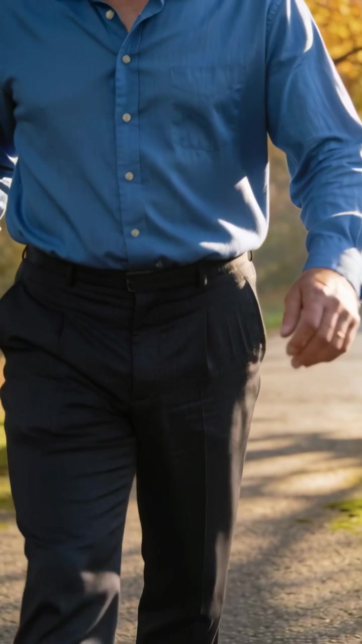 Video verticale: Uomo che cammina verso l'obiettivo su un sentiero del parco, la telecamera riprende la sua camicia blu e l'anello.