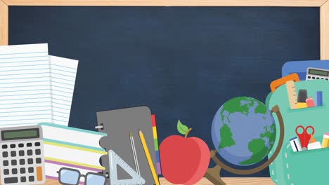 animación de múltiples materiales escolares que se mueven en una pizarra