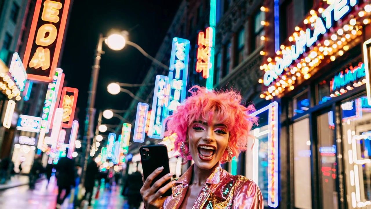 Livlig kvinne med rosa hår tar selfie på en neonbelyst bygata om natten