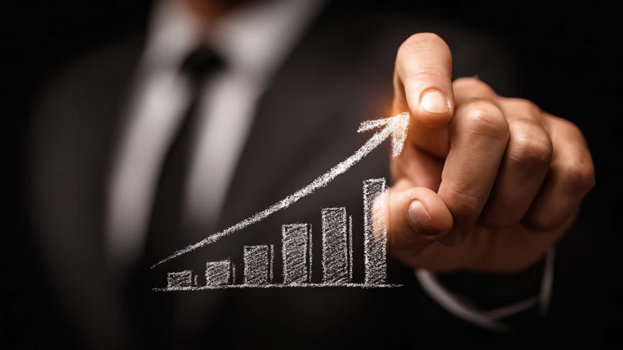 A confident business professional illustrating growth and success through a hand-drawn graph, visually emphasizing upward trends in a dark backdrop, showing determination and progress while moving forward