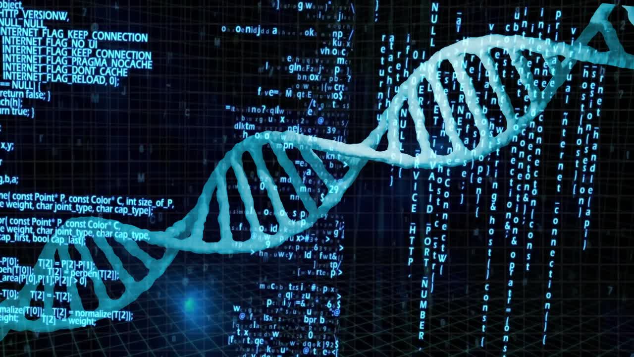 Animation of dna strand and data processing on black background