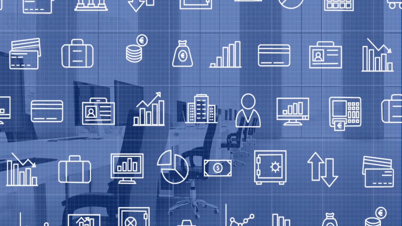 animación de múltiples iconos sobre sillas desocupadas y computadoras en el escritorio en la oficina